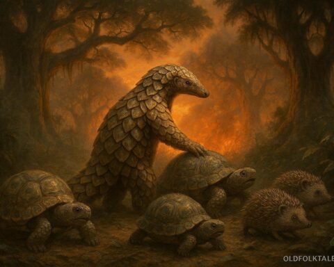 A brave pangolin leads small forest animals away from a wildfire in a Central African rainforest.