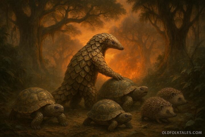 A brave pangolin leads small forest animals away from a wildfire in a Central African rainforest.