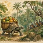Parchment style illustration of a tortoise carrying a heavy basket before stumbling in an Angolan forest.