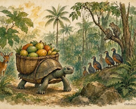 Parchment style illustration of a tortoise carrying a heavy basket before stumbling in an Angolan forest.