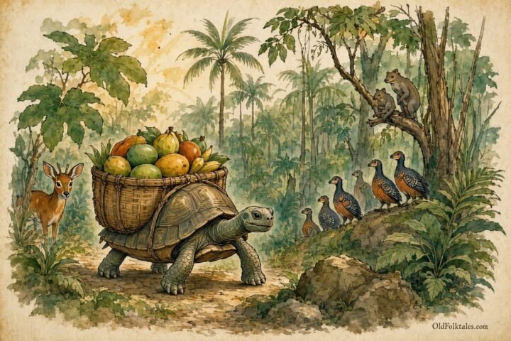 Parchment style illustration of a tortoise carrying a heavy basket before stumbling in an Angolan forest.