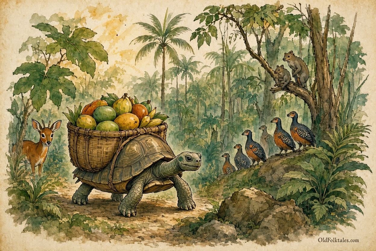 Parchment style illustration of a tortoise carrying a heavy basket before stumbling in an Angolan forest.