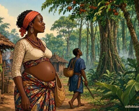 A pregnant woman watches her husband enter the forest to search for the wild fruit she craves.