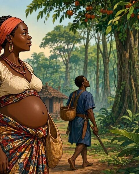 A pregnant woman watches her husband enter the forest to search for the wild fruit she craves.