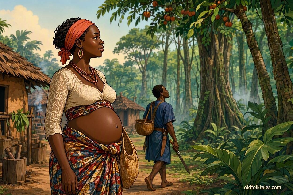 A pregnant woman watches her husband enter the forest to search for the wild fruit she craves.