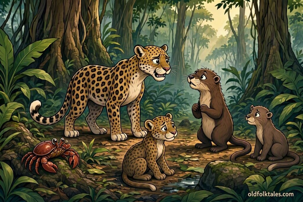 A jealous crab creates suspicion between a leopard and an otter who were once close friends.