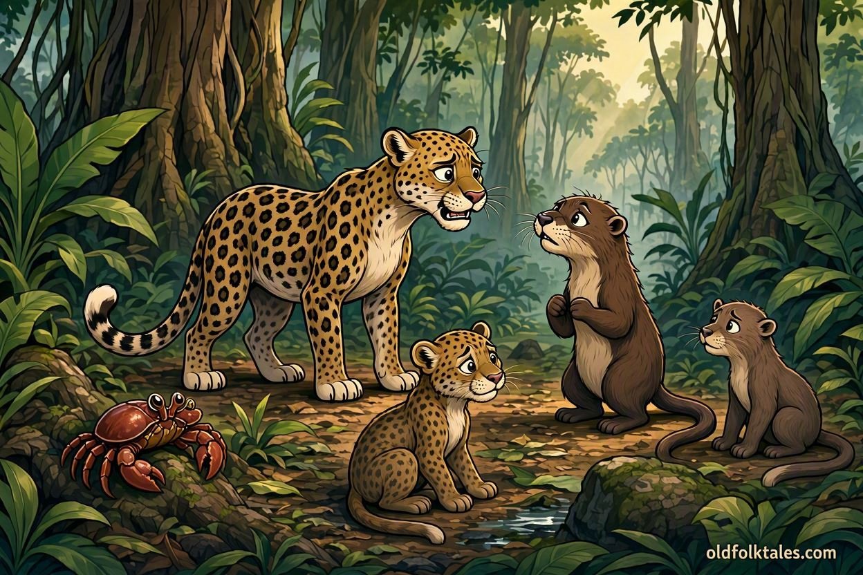A jealous crab creates suspicion between a leopard and an otter who were once close friends.