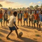 Young Biti Mupalume plays football against eleven opponents as spectators cheer in a traditional Tabwa tale from Northern Zambia.