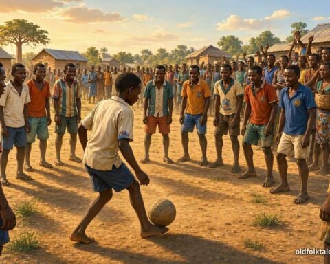 Young Biti Mupalume plays football against eleven opponents as spectators cheer in a traditional Tabwa tale from Northern Zambia.