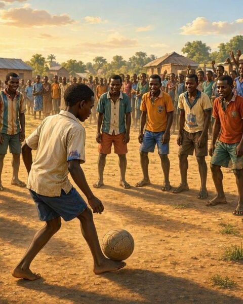 Young Biti Mupalume plays football against eleven opponents as spectators cheer in a traditional Tabwa tale from Northern Zambia.