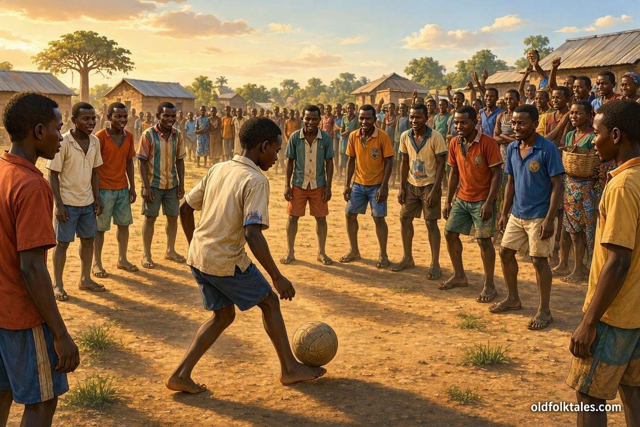 Young Biti Mupalume plays football against eleven opponents as spectators cheer in a traditional Tabwa tale from Northern Zambia.