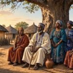 A respected Wolof elder speaking with his four wives beneath a large baobab tree in a traditional Gambian family compound.