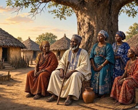 A respected Wolof elder speaking with his four wives beneath a large baobab tree in a traditional Gambian family compound.