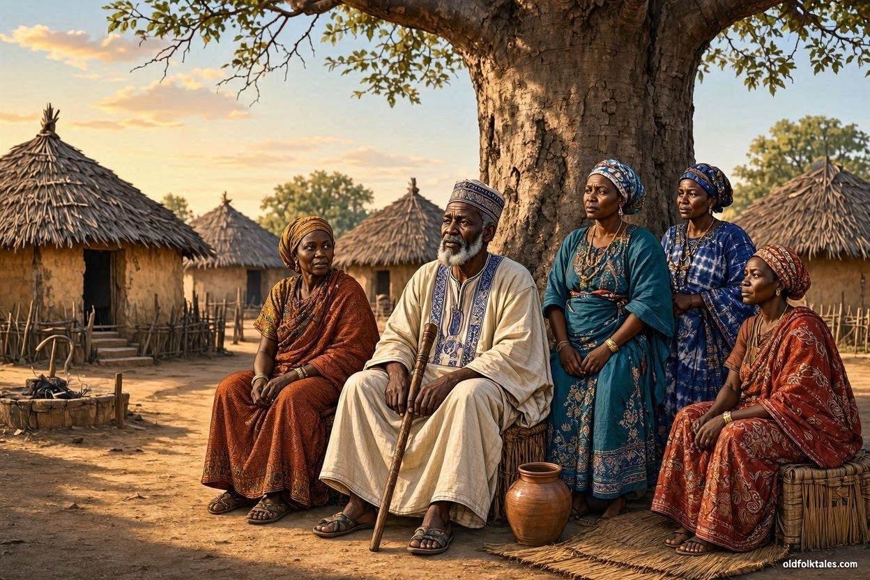 A respected Wolof elder speaking with his four wives beneath a large baobab tree in a traditional Gambian family compound.