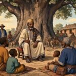 A respected Mandinka judge delivering a public judgment beneath a large baobab tree as villagers gather in Jarra.