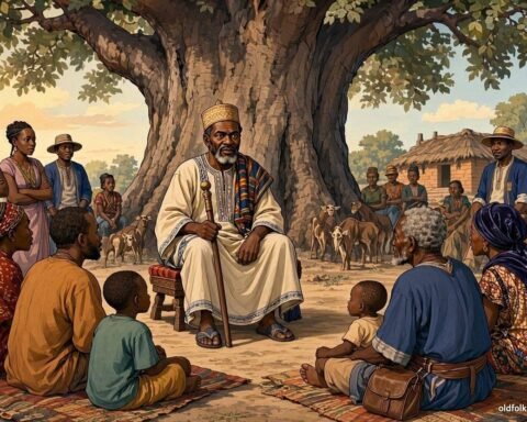 A respected Mandinka judge delivering a public judgment beneath a large baobab tree as villagers gather in Jarra.