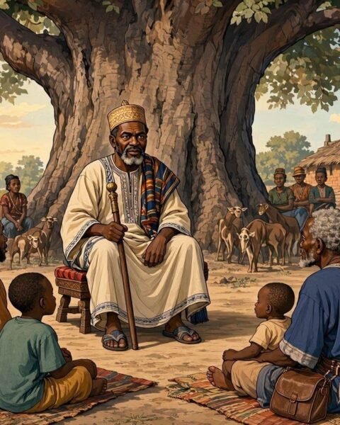 A respected Mandinka judge delivering a public judgment beneath a large baobab tree as villagers gather in Jarra.