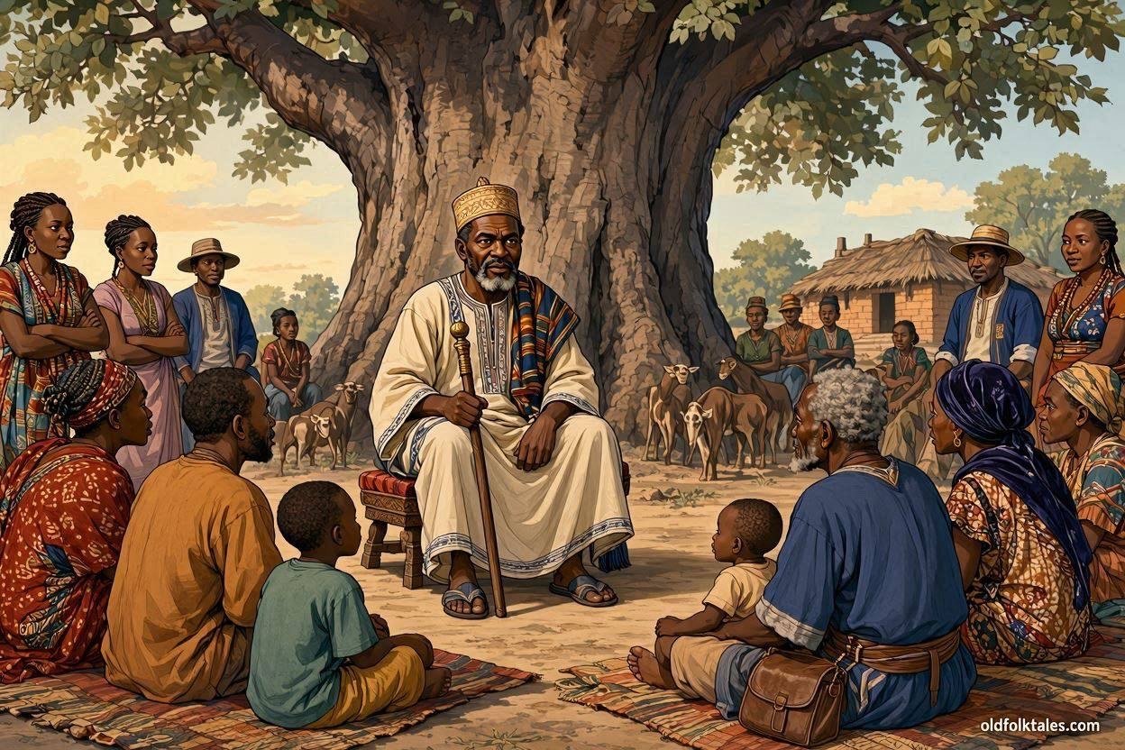 A respected Mandinka judge delivering a public judgment beneath a large baobab tree as villagers gather in Jarra.