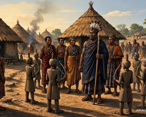 Chief Mpweto and Babwile villagers use wooden soldiers to frighten away Lunda attackers in a Zambian historical legend.