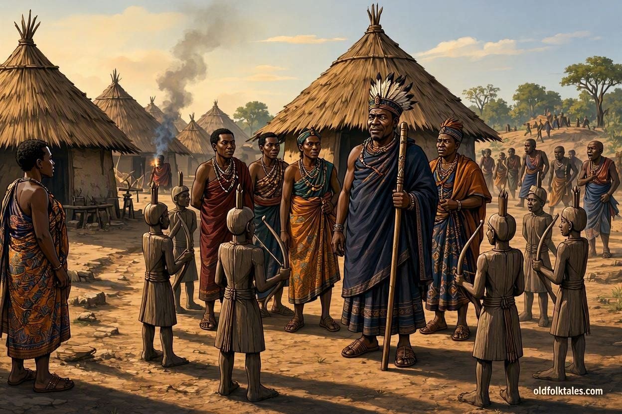 Chief Mpweto and Babwile villagers use wooden soldiers to frighten away Lunda attackers in a Zambian historical legend.