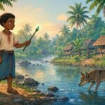 Young Namcouticouti holding a magical wand beside a river while a wolf searches for him in a traditional Mauritian folktale.