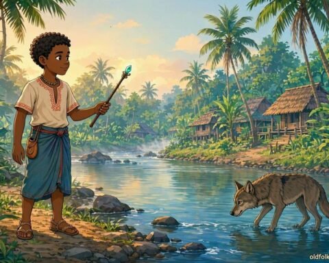 Young Namcouticouti holding a magical wand beside a river while a wolf searches for him in a traditional Mauritian folktale.