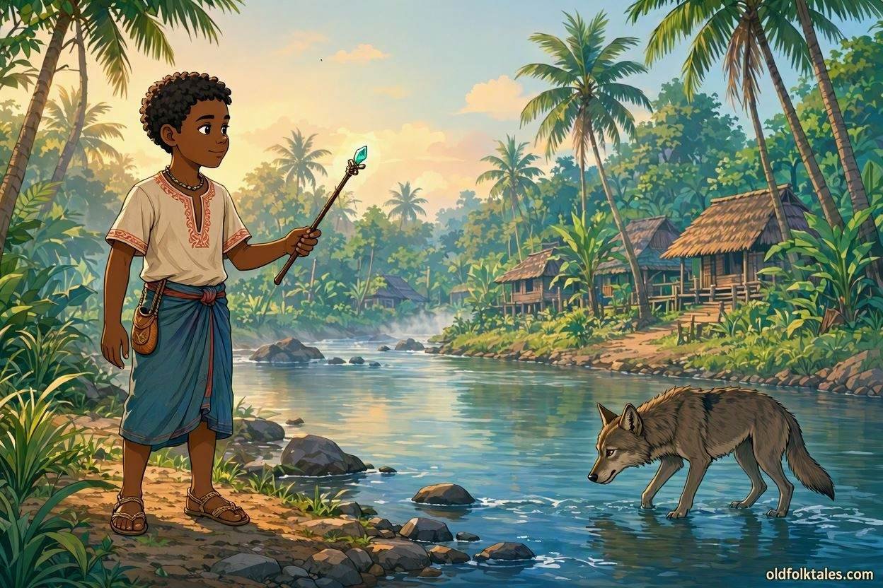 Young Namcouticouti holding a magical wand beside a river while a wolf searches for him in a traditional Mauritian folktale.