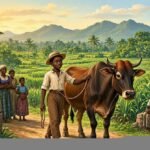 Illustration of Petit Jean walking beside a large ox while villagers admire him in the Mauritian countryside from the folktale Histoire de Petit Jean Queue de Bœuf.