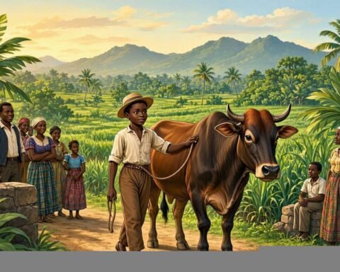 Illustration of Petit Jean walking beside a large ox while villagers admire him in the Mauritian countryside from the folktale Histoire de Petit Jean Queue de Bœuf.