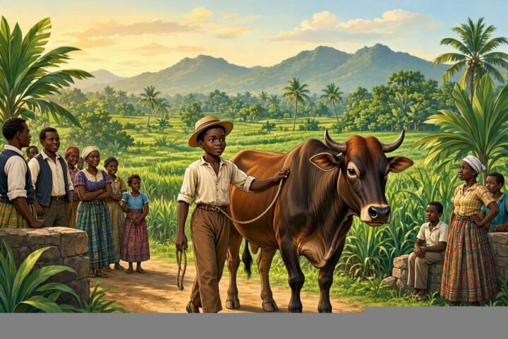 Illustration of Petit Jean walking beside a large ox while villagers admire him in the Mauritian countryside from the folktale Histoire de Petit Jean Queue de Bœuf.
