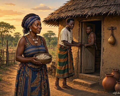 Rose arrives with a bowl of ubwali as her grown son opens the door in a mysterious Lunda folktale from Northern Zambia