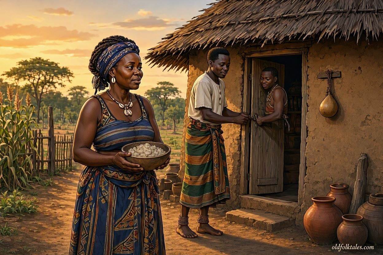 Rose arrives with a bowl of ubwali as her grown son opens the door in a mysterious Lunda folktale from Northern Zambia