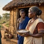 Rose and her grown twins stand outside their Lunda home as a mysterious family secret unfolds in Northern Zambia.