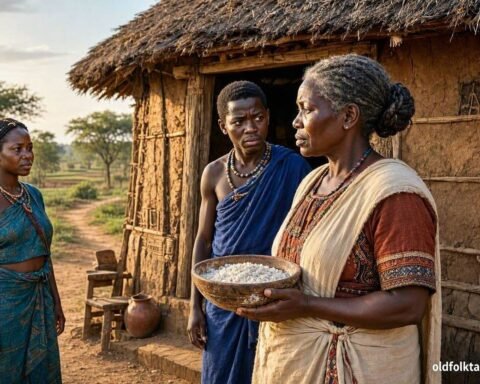 Rose and her grown twins stand outside their Lunda home as a mysterious family secret unfolds in Northern Zambia.