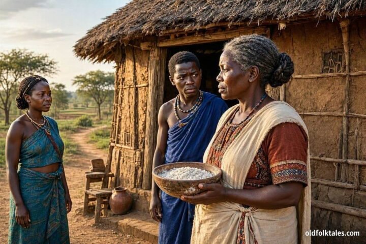 Rose and her grown twins stand outside their Lunda home as a mysterious family secret unfolds in Northern Zambia.