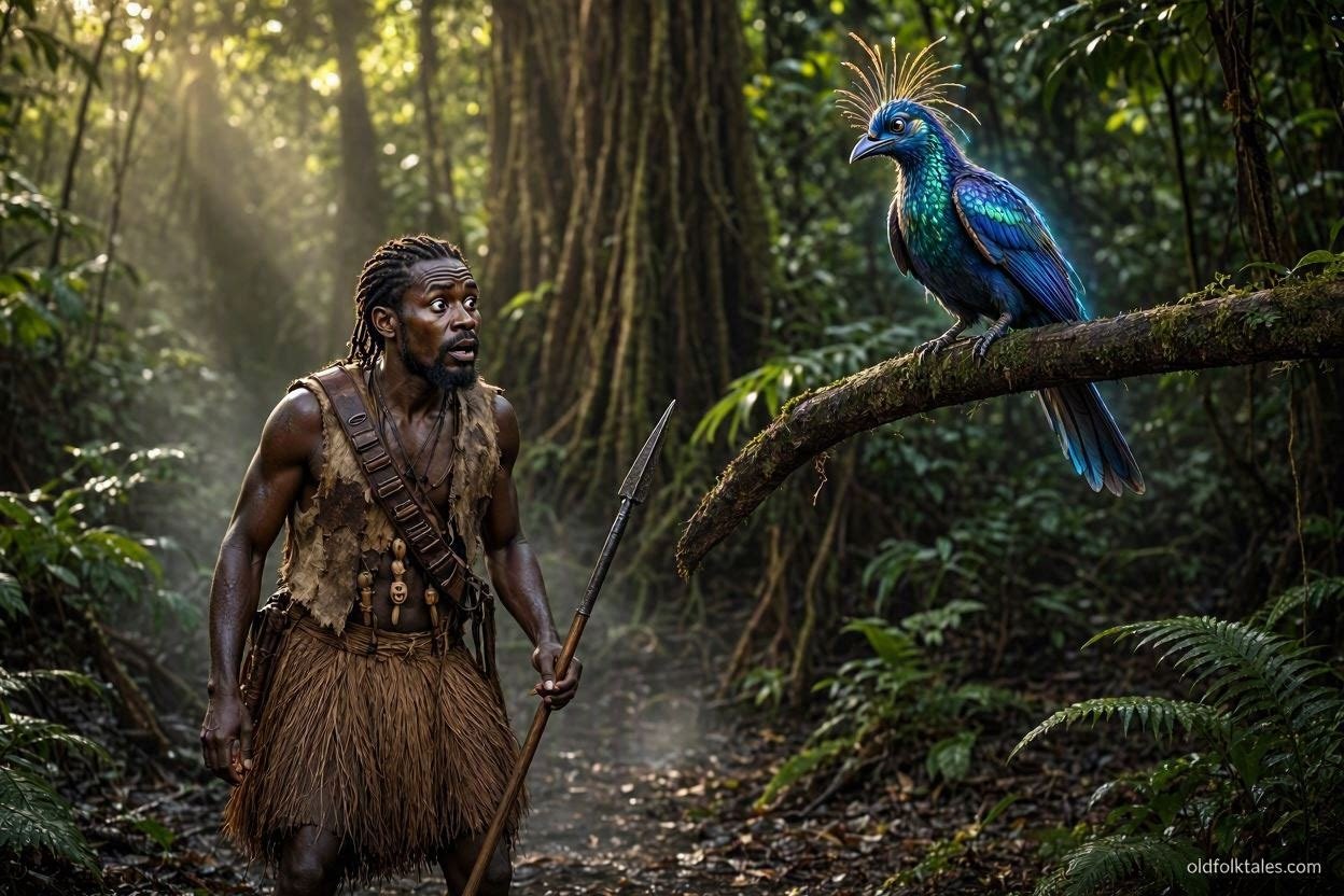A hunter encounters a mysterious speaking bird that warns him not to touch it.