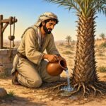 Shams Ṭiyāḥ gives water to a thirsty palm tree while injured birds wait nearby.
