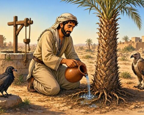Shams Ṭiyāḥ gives water to a thirsty palm tree while injured birds wait nearby.