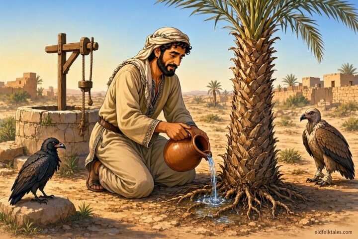 Shams Ṭiyāḥ gives water to a thirsty palm tree while injured birds wait nearby.