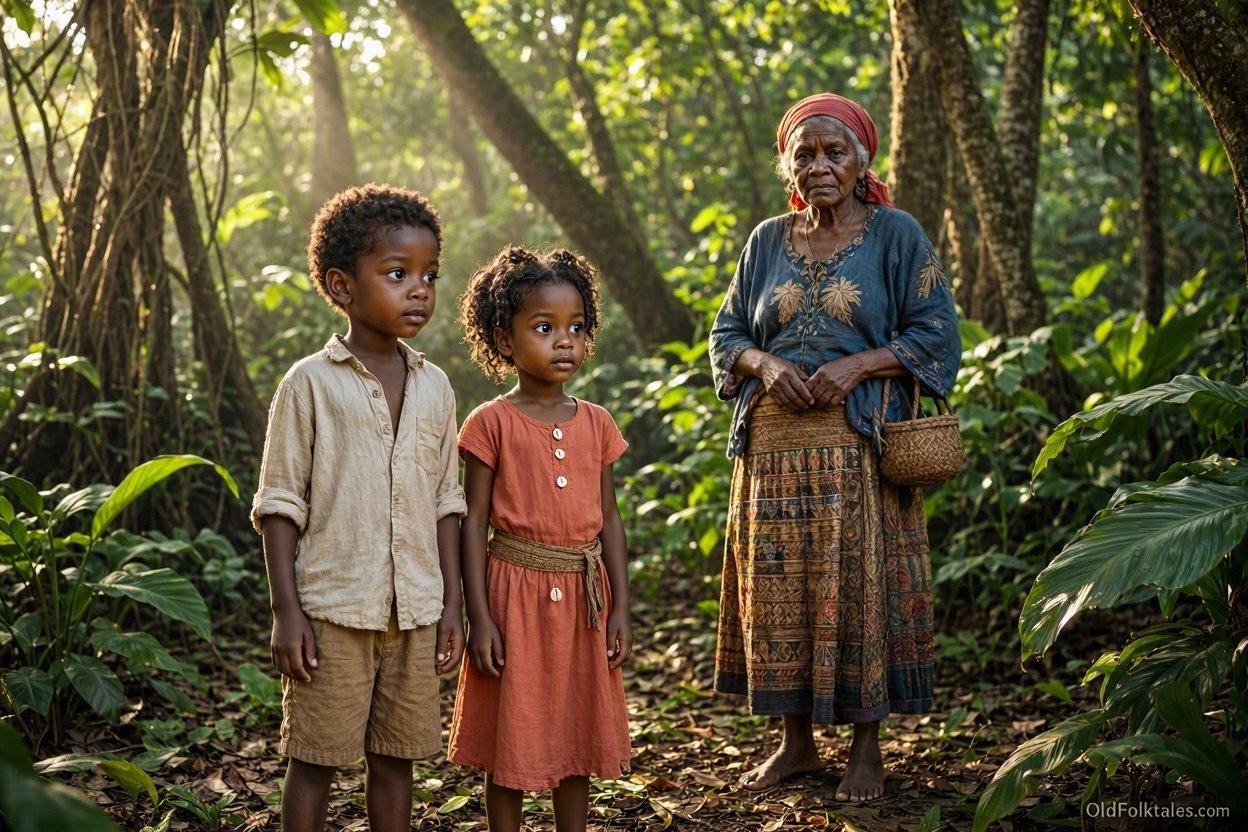 Two lost children encounter a mysterious elderly woman while searching for a way home.