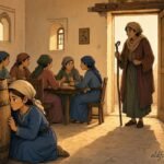 The youngest daughter hides behind a barrel as a witch enters the house where her six sisters are gathered.