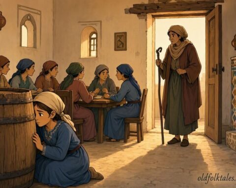 The youngest daughter hides behind a barrel as a witch enters the house where her six sisters are gathered.