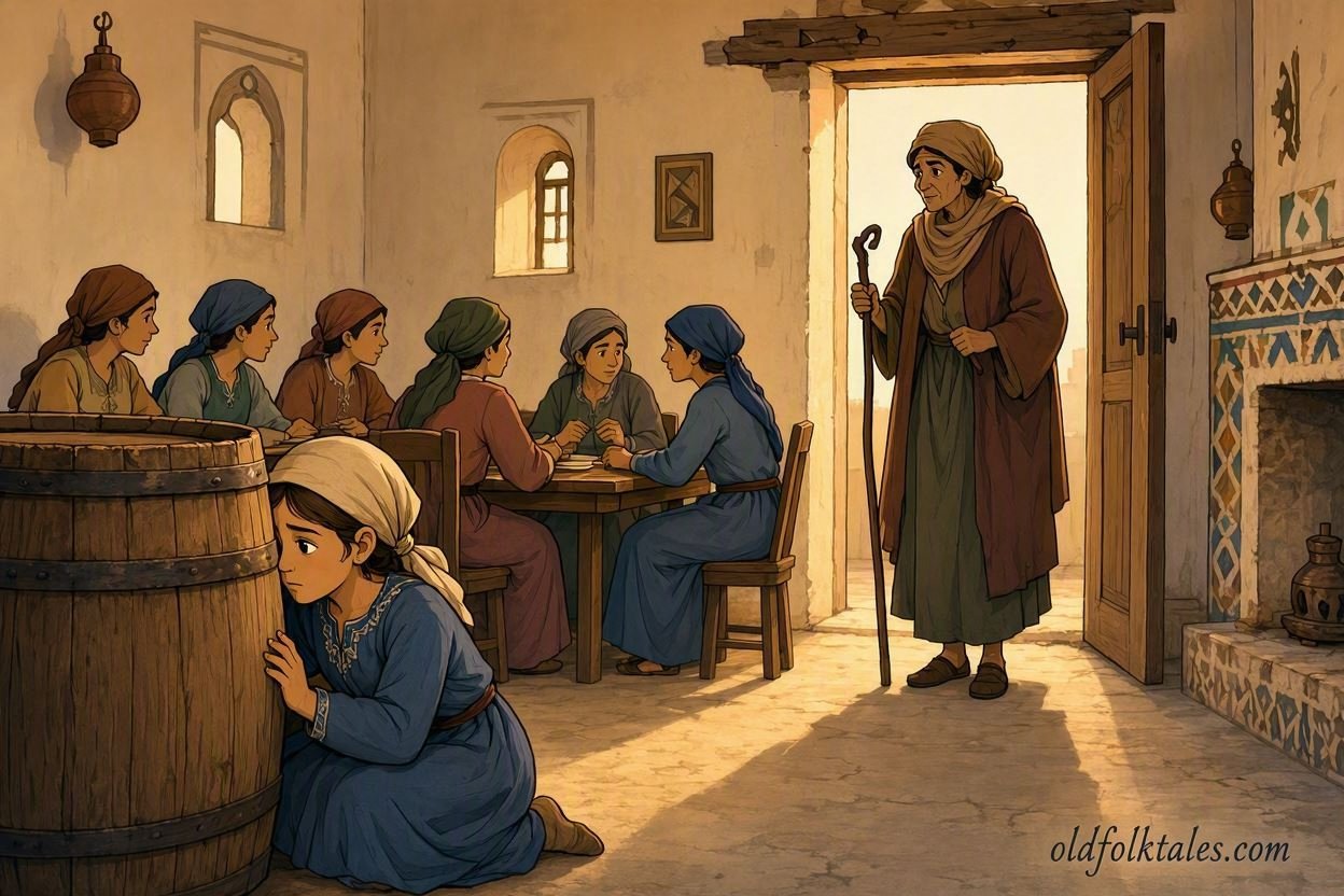 The youngest daughter hides behind a barrel as a witch enters the house where her six sisters are gathered.