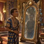Kacou Ananzè stands before the forbidden mirror in the Queen’s magnificent palace.