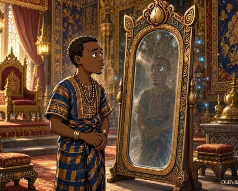 Kacou Ananzè stands before the forbidden mirror in the Queen’s magnificent palace.
