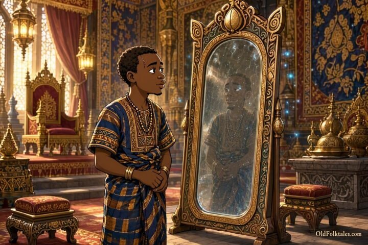 Kacou Ananzè stands before the forbidden mirror in the Queen’s magnificent palace.