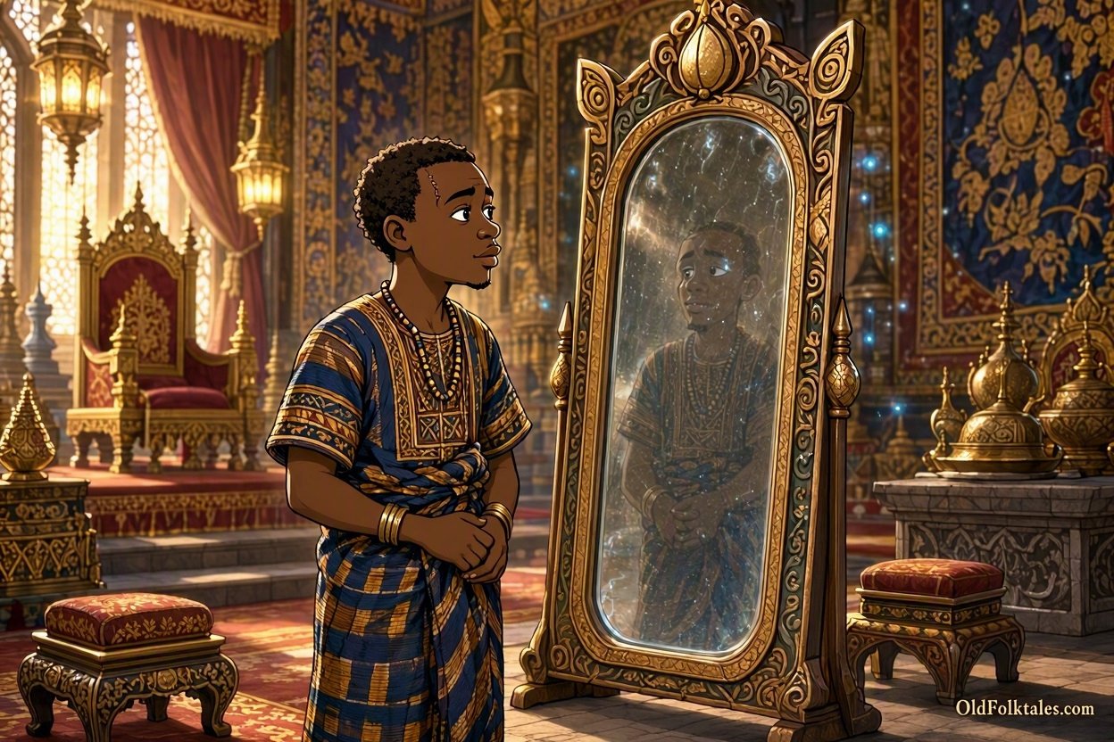 Kacou Ananzè stands before the forbidden mirror in the Queen’s magnificent palace.