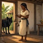 A young woman rings the four bells as a large wolf enters her home in this traditional Mauritian folktale.