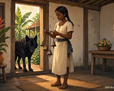 A young woman rings the four bells as a large wolf enters her home in this traditional Mauritian folktale.