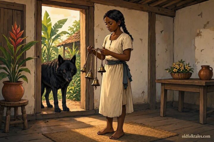 A young woman rings the four bells as a large wolf enters her home in this traditional Mauritian folktale.